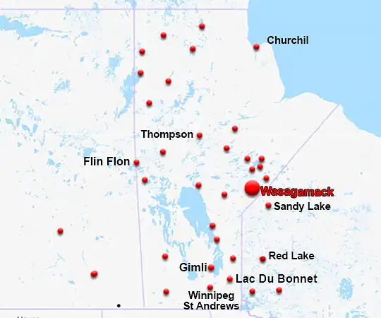 Map showing the location of Wasagamack in Manitoba